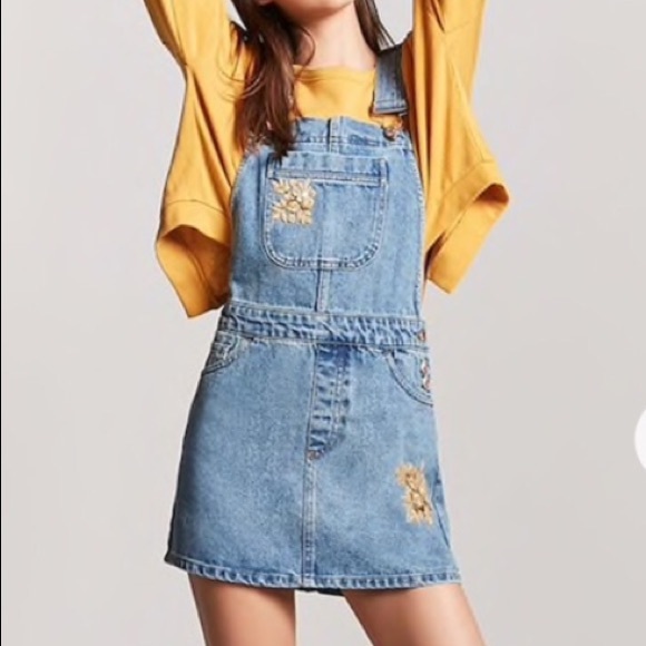 Forever 21 Denim - Forever 21 Gold Embroidered Denim Jumper Dress